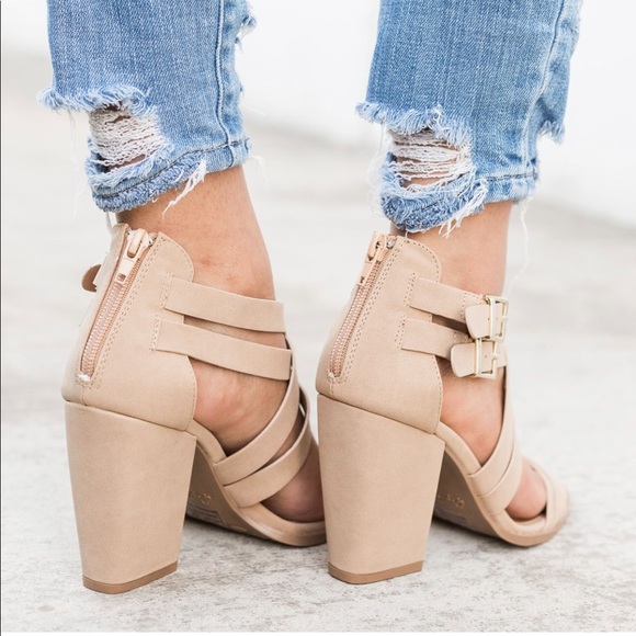 Double Buckle Tan Strappy Heels - Picture 3 of 3